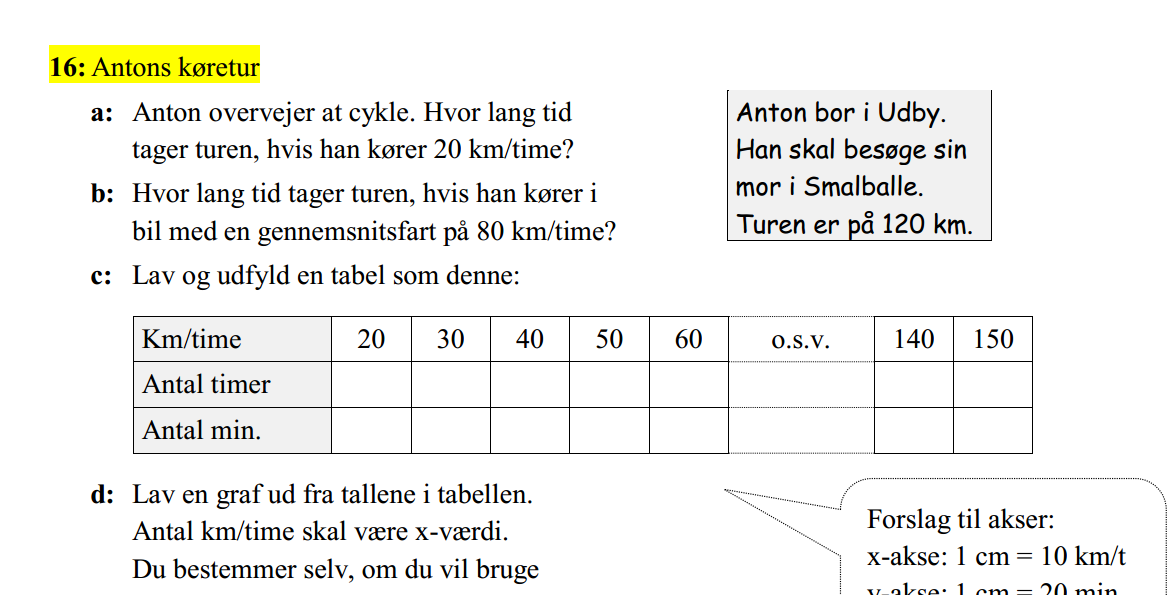 Anton overvejer at cykle. Hvor lang tid tager turen, han kører 20 km/time? Matematik Studieportalen.dk