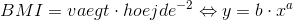 BMI= vaegt \cdot hoejde^{-2}\Leftrightarrow y=b \cdot x^a