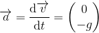\overrightarrow{a}=\frac{\mathrm{d} \overrightarrow{v}}{\mathrm{d} t}=\begin{pmatrix} 0\\-g \end{pmatrix}