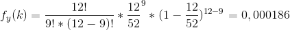 f_{y}(k) = \frac{12!}{9!*(12-9)!}*\frac{12}{52}^{9}*(1-\frac{12}{52})^{12-9}=0,000186