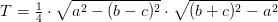 T=\tfrac{1}{4}\cdot \sqrt{a^2-(b-c)^2}\cdot \sqrt{(b+c)^2-a^2}