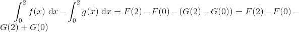 \int_0^2f(x)\ \textup{d}x-\int_0^2g(x)\ \textup{d}x=F(2)-F(0)-(G(2)-G(0))=F(2)-F(0)-G(2)+G(0)