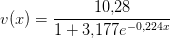 v(x)=\frac{10{,}28}{1+3{,}177e^{-0{,}224x}}