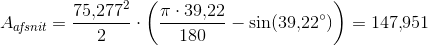 A_{a\! f\! snit}=\frac{75{,}277^2}{2}\cdot \left (\frac{ \pi \cdot 39{,}22}{180} -\sin(39{,}22^{\circ})\right ) \right)\right)=147{,}951