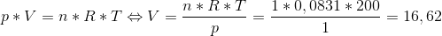 p*V=n*R*T\Leftrightarrow V=\frac{n*R*T}{p}=\frac{1*0,0831*200}{1}=16,62