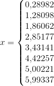x=\left\{\begin{matrix} 0{,}28982\\ 1{,}28098 \\1{,}86062 \\ 2{,}85177 \\ 3{,}43141 \\ 4{,}42257 \\ 5{,}00221 \\ 5{,}99337 \end{matrix}\right.
