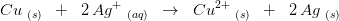 Cu\; _{(s)}\; \; +\; \; 2\, Ag^+\; _{(aq)}\; \; \rightarrow \; \; Cu^{2+}\; _{(s)}\; \;+\; \; 2\,Ag\; _{(s)}