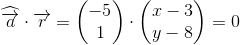 \widehat{\overrightarrow{a}}\cdot \overrightarrow{r}=\begin{pmatrix} -5\\1 \end{pmatrix}\cdot \begin{pmatrix} x-3\\ y-8 \end{pmatrix}=0