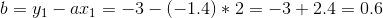 b = y_1-ax_1 = -3-(-1.4)*2 = -3+2.4 = 0.6