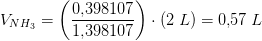 V_{NH_3}=\left (\frac{0{,}398107}{1{,}398107} \right )\cdot (2\; L)=0{,}57\; L