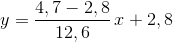 y=\frac{4,7-2,8}{12,6}\, x+2,8