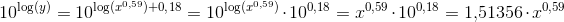 10^{\log(y)}= 10^{\log(x^{0,59})+0{,}18}=10^{\log(x^{0,59})}\cdot 10^{0,18}=x^{0,59}\cdot 10^{0,18}=1{,}51356\cdot x^{0,59}