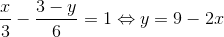 \frac{x}{3}-\frac{3-y}{6}=1\Leftrightarrow y=9-2x