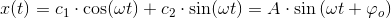 x(t)=c_{1}\cdot \cos(\omega t)+c_{2}\cdot \sin(\omega t)=A\cdot \sin\left ( \omega t+\varphi _o \right )