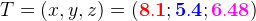 T=(x,y,z)=(\mathbf{\color{Red} 8.1};\mathbf {\color{Blue} 5.4};\mathbf{\color{Magenta} 6.48})