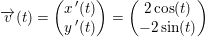 \small \overrightarrow{v}(t)=\begin{pmatrix} x{\, }'(t)\\ y{\, }'(t) \end{pmatrix}=\begin{pmatrix} 2\cos(t)\\ -2\sin(t) \end{pmatrix}