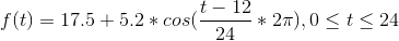 f(t)=17.5+5.2*cos(\frac{t-12}{24}*2\pi ),0\leq t\leq 24