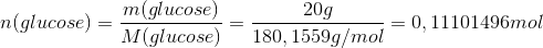 n(glucose) = \frac{ m(glucose)}{M(glucose)} = \frac{20 g}{180,1559 g/mol} = 0,11101496 mol