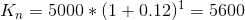 K_n = 5000 * (1+0.12)^{1} = 5600