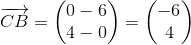 \overrightarrow{CB}=\begin{pmatrix} 0-6\\ 4-0 \end{pmatrix}=\begin{pmatrix} -6\\ 4 \end{pmatrix}
