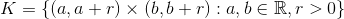 K= \{(a,a+r)\times (b,b+r):a,b \in \mathbb{R}, r>0\}