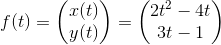 f(t)=\begin{pmatrix} x(t)\\ y(t) \end{pmatrix}=\begin{pmatrix} 2t^2-4t\\3t-1 \end{pmatrix}
