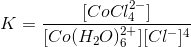 K=\frac{[CoCl_4^{2-}]}{[Co(H_2O)_6^{2+}][Cl^-]^4}