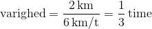 \text{varighed}=\frac{2\,\text{km}}{6\,\text{km/t}}=\frac13\,\text{time}