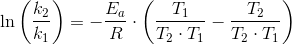 \ln\left (\frac{k_2}{k_1} \right )= -\frac{E_a}{R}\cdot\left ( \frac{T_1}{T_2\cdot T_1}-\frac{T_2}{T_2\cdot T_1} \right )