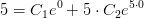 5=C_1e^{0}+5\cdot C_2e^{5\cdot 0}