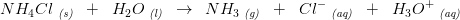 NH_4Cl\; _{\textit{(s)}}\; \; +\; \; H_2O\; _{\textit{(l)}}\; \; \rightarrow \: \: NH_3\; _{\textit{(g)}}\; \; +\; \; Cl^-\; _{\textit{(aq)}}\; \; +\; \; H_3O^+\; _{\textit{(aq)}}}