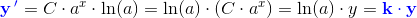 \mathbf{\color{Blue} y{\, }'}=C\cdot a^x\cdot \ln(a)=\ln(a)\cdot \left (C\cdot a^x \right )=\ln(a)\cdot y=\mathbf{\color{Blue} k\cdot y}