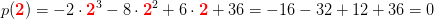p(\mathbf{\color{Red} 2})=-2\cdot \mathbf{\color{Red} 2}^3-8\cdot \mathbf{\color{Red} 2}^2+6\cdot \mathbf{\color{Red} 2}+36=-16-32+12+36=0