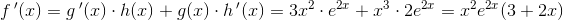 f{\, }'(x)=g{\, }'(x)\cdot h(x)+g(x)\cdot h{\, }'(x)=3x^2\cdot e^{2x}+x^3\cdot 2e^{2x}=x^2e^{2x}(3+2x)
