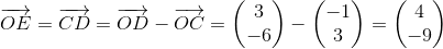 \overrightarrow{OE}=\overrightarrow{CD}=\overrightarrow{OD}-\overrightarrow{OC}=\begin{pmatrix} 3\\-6 \end{pmatrix}-\begin{pmatrix} -1\\3 \end{pmatrix}=\begin{pmatrix} 4\\-9 \end{pmatrix}