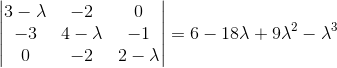 \begin{vmatrix} 3-\lambda & -2 & 0\\ -3 & 4-\lambda &-1 \\ 0 & -2 & 2-\lambda \end{vmatrix}=6-18\lambda +9\lambda ^{2}-\lambda ^{3}