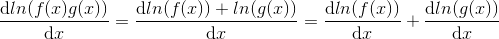 \frac{\mathrm{d}ln( f(x)g(x))}{\mathrm{d} x} =\frac{\mathrm{d}ln( f(x))+ln(g(x))}{\mathrm{d} x} = \frac{\mathrm{d} ln(f(x))}{\mathrm{d} x}+\frac{\mathrm{d} ln(g(x))}{\mathrm{d} x}