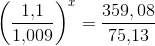 \left (\frac{1{,}1}{1{,}009 }\right )^x=\frac{359{,08}}{75{,}13}