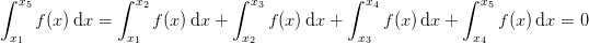 \! \! \! \! \! \! \! \! \! \! \! \int_{x_1}^{x_5}f(x)\, \textup{d}x=\int_{x_1}^{x_2}f(x)\, \textup{d}x+\int_{x_2}^{x_3}f(x)\, \textup{d}x+\int_{x_3}^{x_4}f(x)\, \textup{d}x+\int_{x_4}^{x_5}f(x)\, \textup{d}x=0