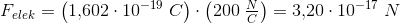F_{elek}=\left ( 1{,}602\cdot 10^{-19}\; C \right )\cdot \left (200\; \tfrac{N}{C} \right )=3{,}20\cdot 10^{-17}\; N