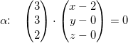 \small \alpha \! \! :\; \; \; \begin{pmatrix} 3\\3 \\ 2 \end{pmatrix}\cdot \begin{pmatrix} x-2\\ y-0 \\ z-0 \end{pmatrix}=0