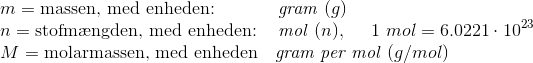 \\m=\text{massen, med enheden: ~~~~~~~~ \textit{gram}}~(g)\\ n=\text{stofm\ae ngden, med enheden: ~ \textit{mol}}~(n),~~~~ 1~mol=6.0221\cdot 10^{23}\\ M=\text{molarmassen, med enheden ~~\textit{gram per mol}}~(g/mol)\\