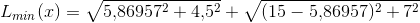L_{min}(x)=\sqrt{5{,}86957^2+4{,}5^2}+\sqrt{(15-5{,}86957)^2+7^2}