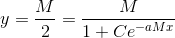 y=\frac{M}{2}=\frac{M}{1+Ce^{-aMx}}
