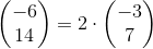\begin{pmatrix} -6\\14 \end{pmatrix}=2\cdot \begin{pmatrix} -3\\7 \end{pmatrix}