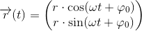 \overrightarrow{r}(t)=\begin{pmatrix} r\cdot \cos(\omega t+\varphi _0 )\\ r\cdot \sin(\omega t+\varphi _0 ) \end{pmatrix}
