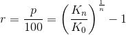r=\frac{p}{100}=\left (\frac{K_n}{K_0} \right )^{\frac{1}{n}}-1