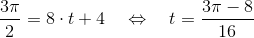 \frac{3\pi }{2}=8\cdot t+4 ~~~ \Leftrightarrow ~~~ t=\frac{3\pi-8}{16}