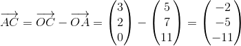 \overrightarrow{AC}=\overrightarrow{OC}-\overrightarrow{OA}=\begin{pmatrix} 3\\2 \\ 0 \end{pmatrix}-\begin{pmatrix} 5\\7 \\ 11 \end{pmatrix}=\begin{pmatrix} -2\\-5 \\ -11 \end{pmatrix}
