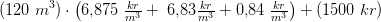 (120\;m^3)\cdot \left (6{,}875\; \tfrac{kr}{m^3} +\;6{,}83 \tfrac{kr}{m^3}+0{,}84\; \tfrac{kr}{m^3} \right )+(1500\;kr)